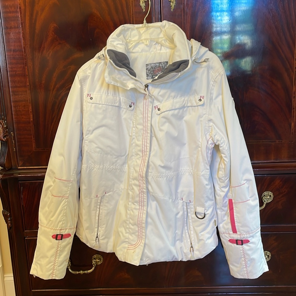 NILS, off-white with pink stitching, Ski jacket with removable hood